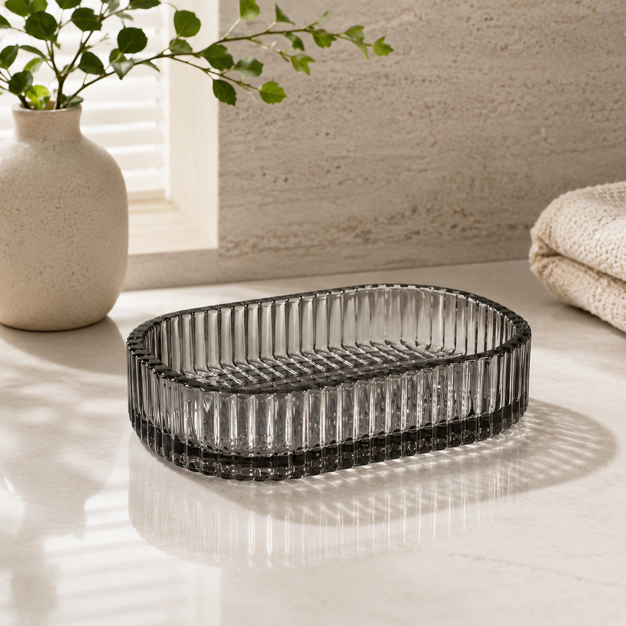 Smoky‑Grey Vertical‑Rib Draining Soap Dish