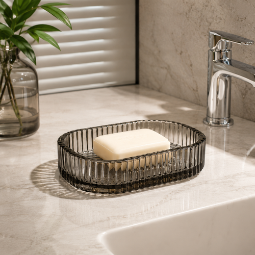 Smoky‑Grey Vertical‑Rib Draining Soap Dish
